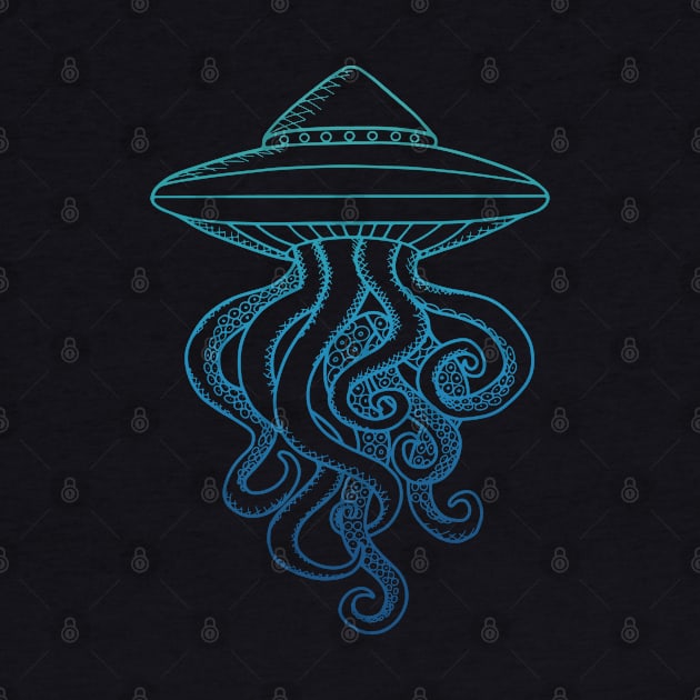 UFO Ocotopus Hybrid Green Blue Line Art Drawing Illustration by Ciara Shortall Art